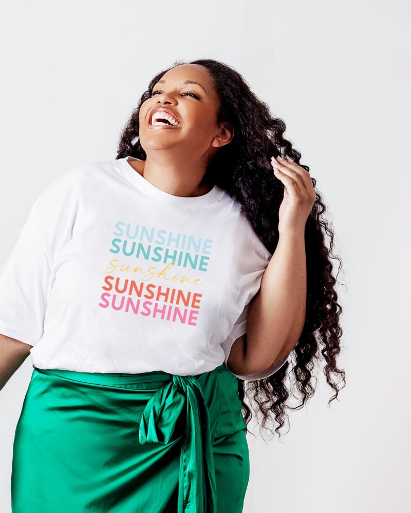 Front of a model wearing a size Large Sunshine Stacked Colorful in White by Simply Sage Market. | dia_product_style_image_id:281592